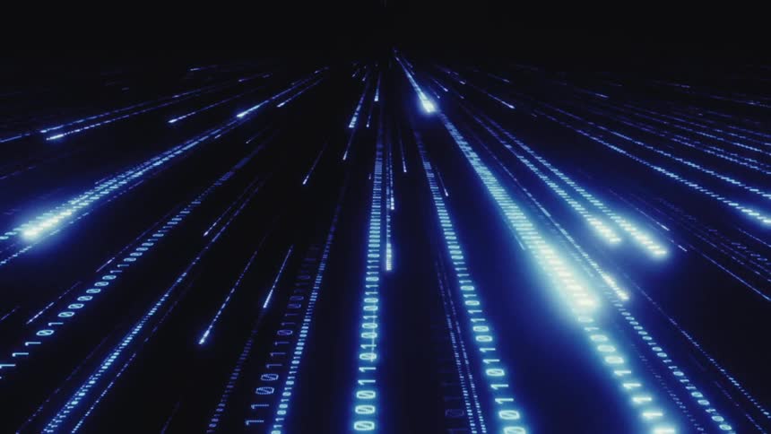 Blue lines of binary computer code on an abstract black background