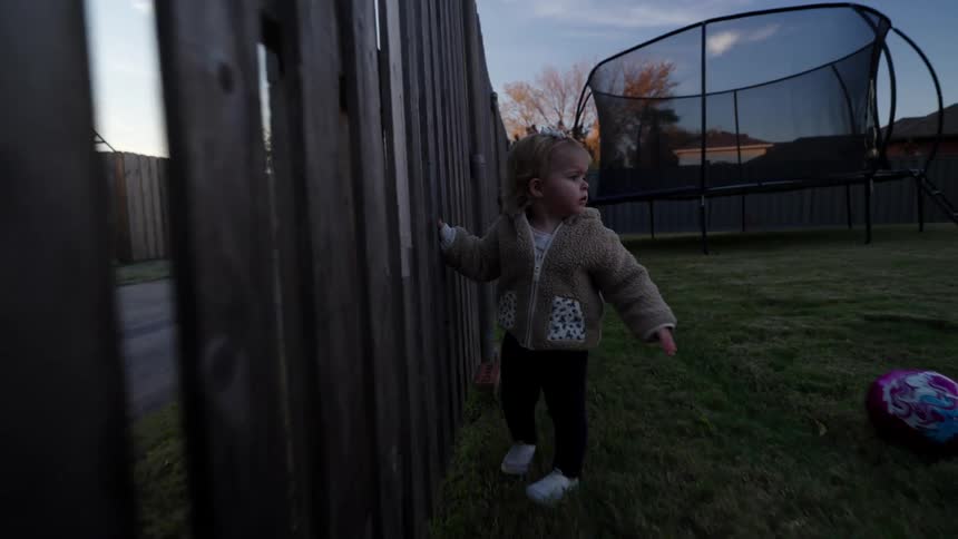 A toddler reclines on a wooden fence in the backyard at morning