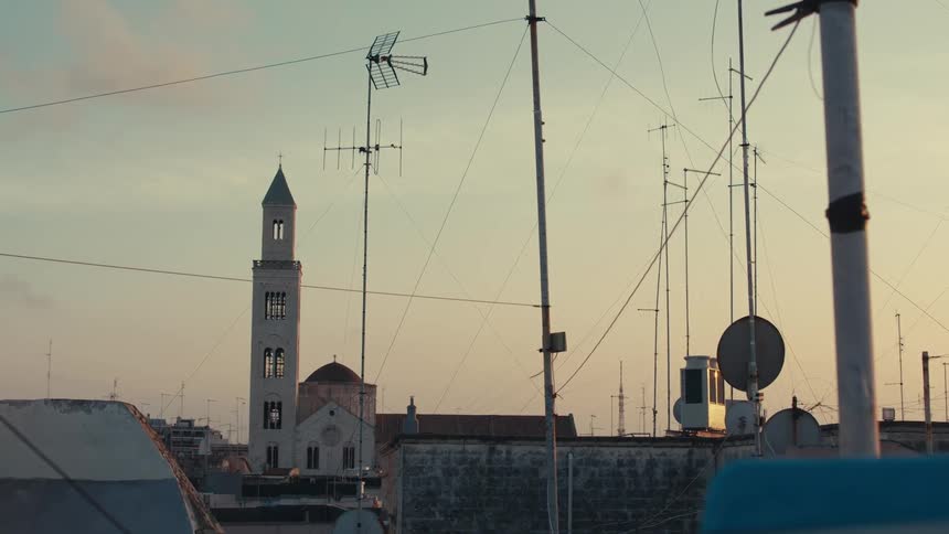 Urban city with a church tower in the background