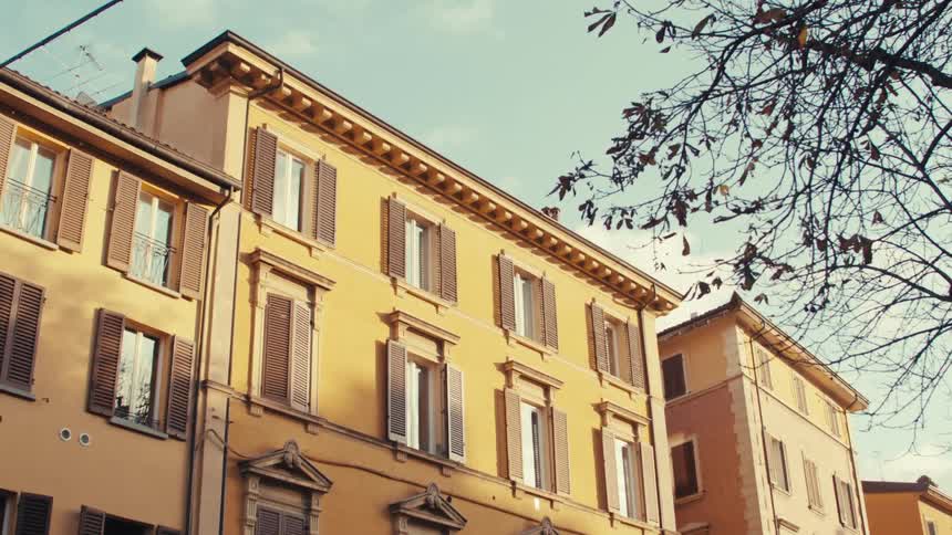 Sunlight shines upon an apartment building near a tree