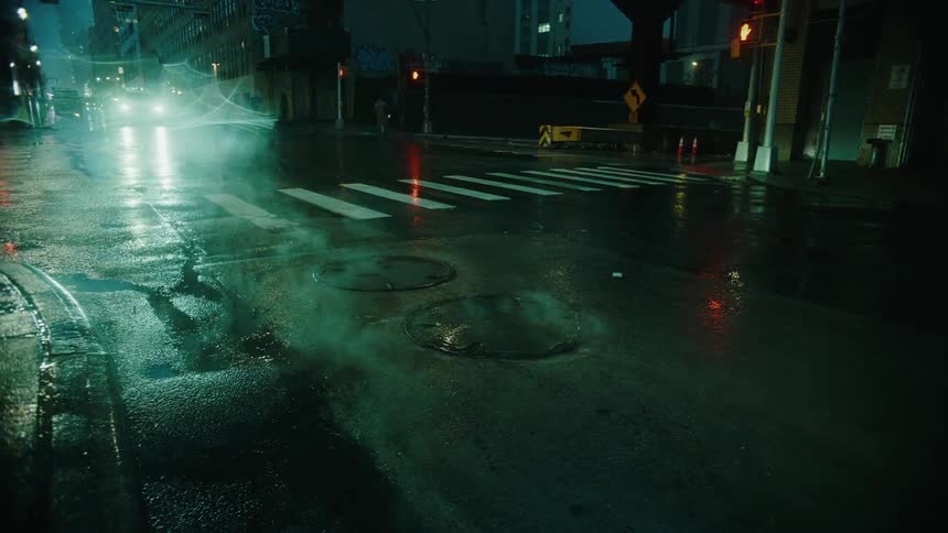 A wet nighttime city street intersection is lit by traffic lights and car headlights with steam rising off the pavement and a pedestrian barely visible in the distance