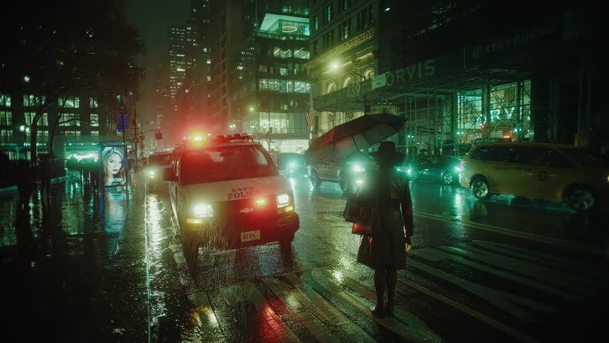 Person with umbrella in front of a police car on a street in metropolis at night with rain