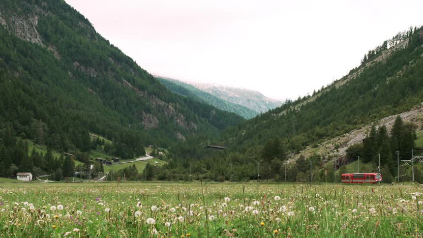 Bus traveling though a rural neighborhood in a forested mountain valley