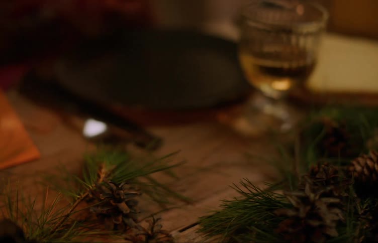 Hand placing a bowl of food on a christmas table