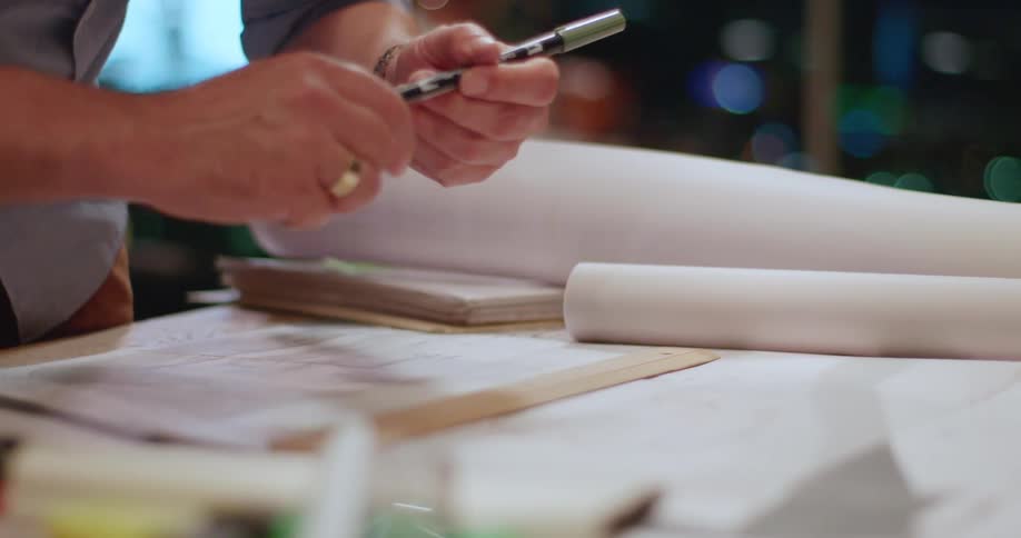 A person is drawing on a large sheet of paper using a pen and a ruler with various drawing tools and materials scattered on the table