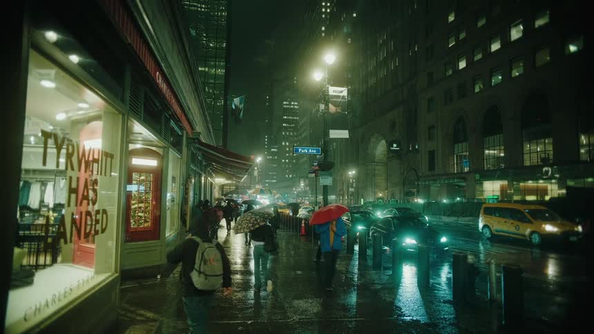 A bustling urban street is captured at night during a rainstorm with people walking under umbrellas and cars moving along the wet road