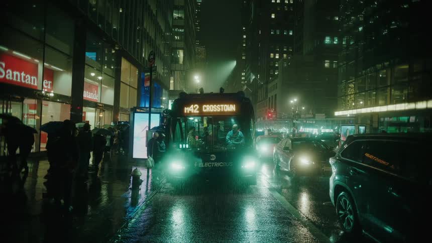 A bus pulls up to a rainslicked city street with headlights on as passengers huddle under umbrellas