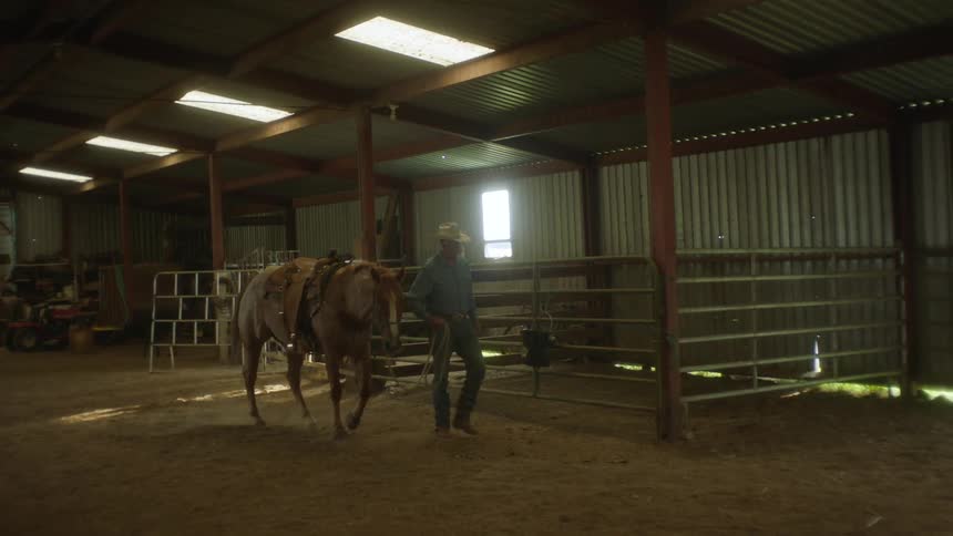 A cowboy walks with a brown horse inside a stable