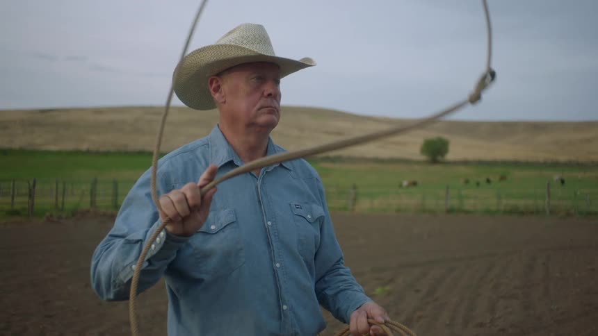 A man is swinging a lasso on the ranch
