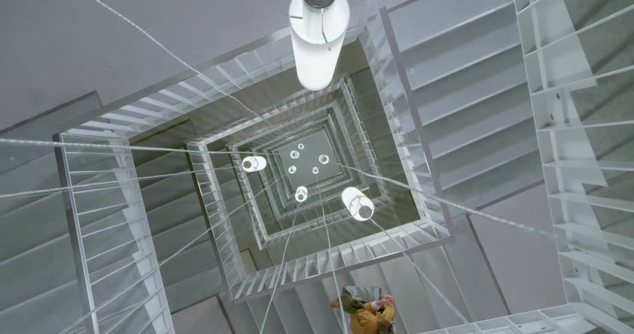 Person with a coat and bag walking up the stairs of a large building