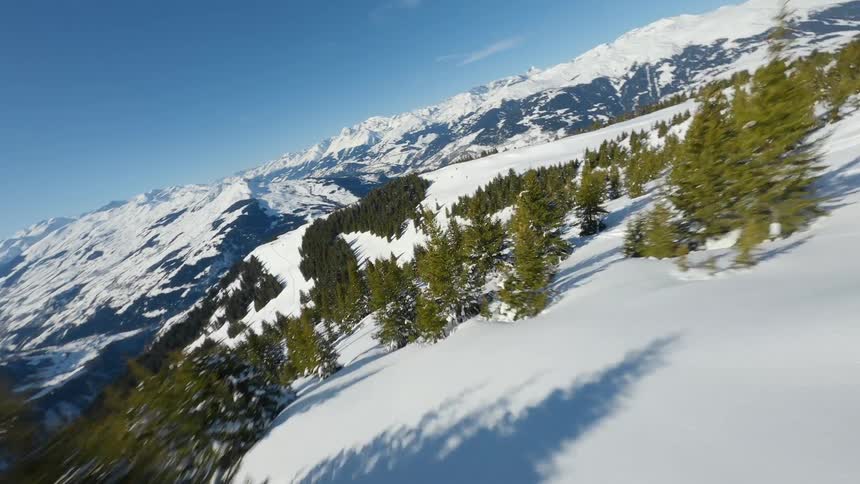 Aerial panorama of snowy mountain with conifers and ski tracks in Switzerland