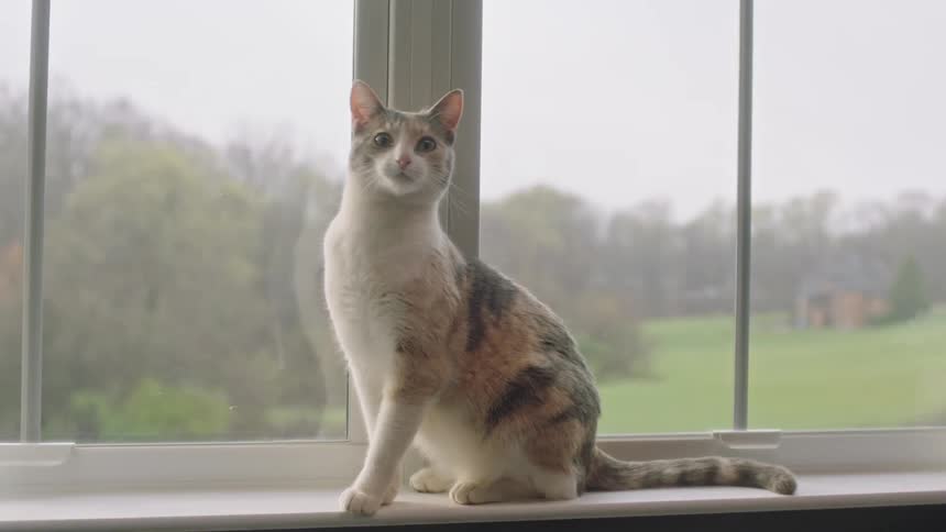 A calico cat sitting on a windowsill looking out at a grassy field beyond