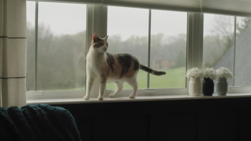Cat standing next to flower pots and window