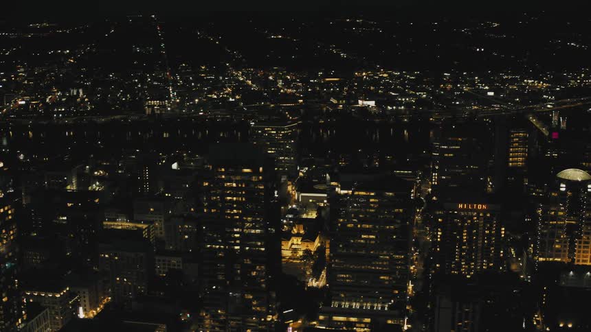 Aerial view of a metropolis with modern buildings illuminated at night