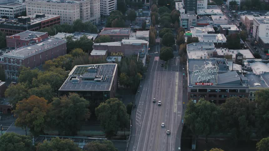 Aerial view of an urban area with wide streets scattered trees and buildings of diverse architecture
