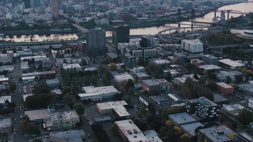 Aerial panorama of an urban city with a sea canal in the center