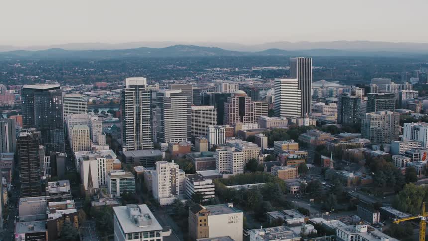 Aerial of downtown portland oregon on an early autumn day