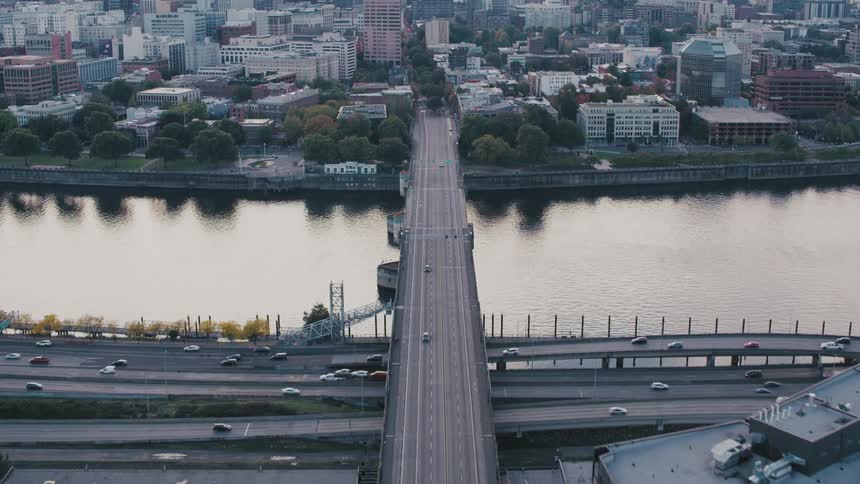 An aerial flyover of a city