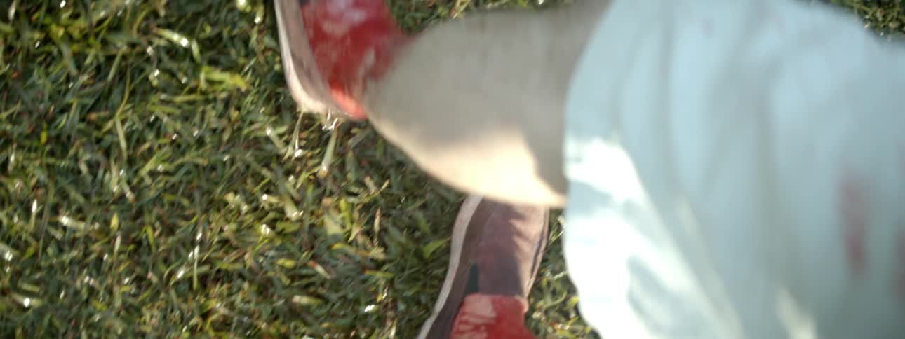 A person walks in the green grass
