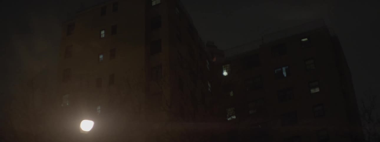 A street light is shining in front of an apartment building