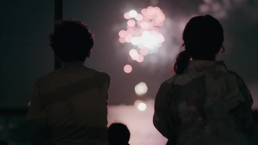 Back view of two people sitting enjoying fireworks by the sea