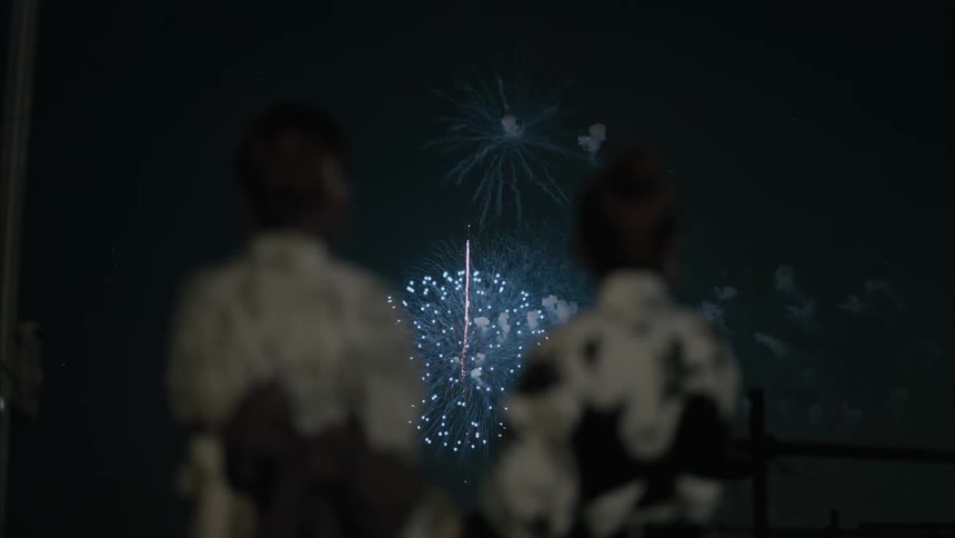 People standing along the coast watching fireworks explode in the night sky over the water