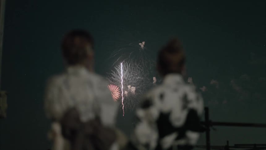 People standing along the coast watching fireworks explode in the night sky over the water