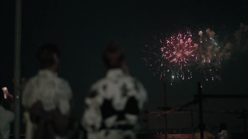 People standing along the coast watching fireworks explode in the night sky over the water