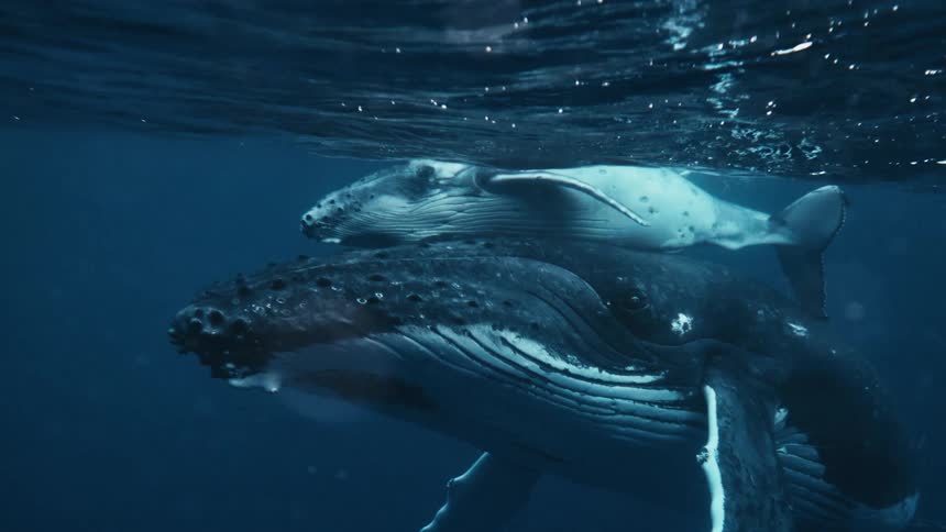 A humpback whale and its calf swim through the ocean