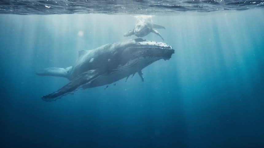 A mother humpback whale and her calf swim together in the ocean