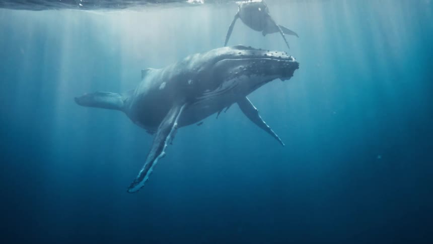 Two whales underwater in deep blue water with sunlight coming from the surface