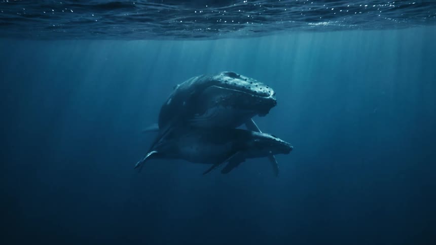 A humpback whale and its calf swimming through the ocean