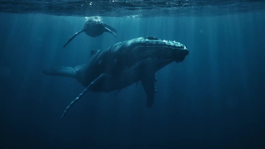 The large whale floats right under the surface of the water