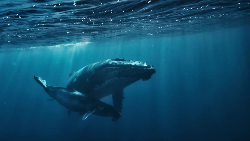 A pair of whales swims in the dark deep blue ocean