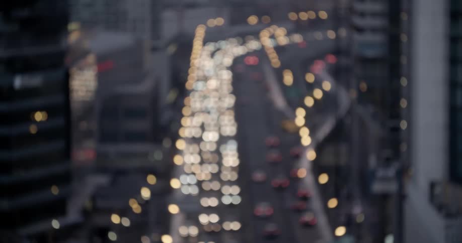 Cars fill the roads below in the city