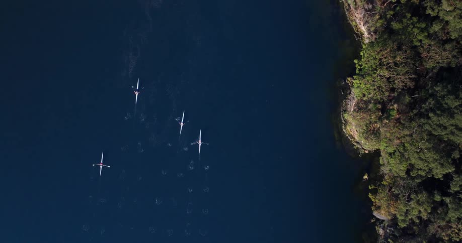A group of rowers in narrow boats are seen paddling in unison on a calm dark lake
