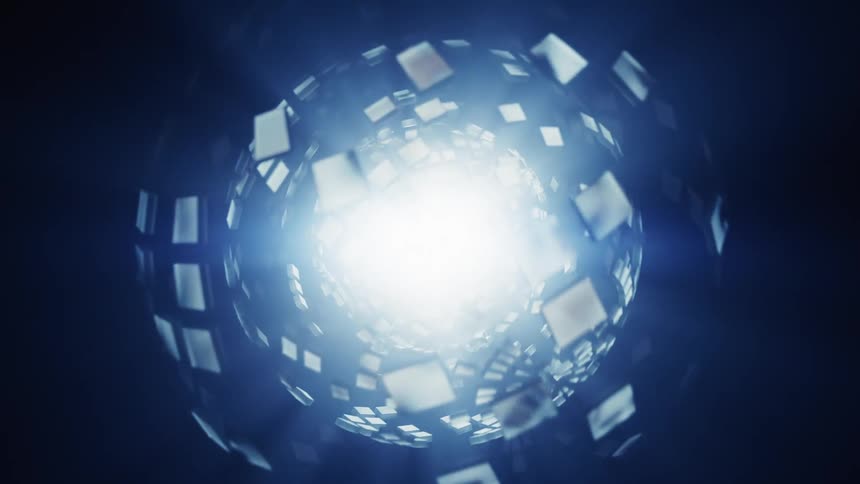 Digital screens float around a bright core against a black background