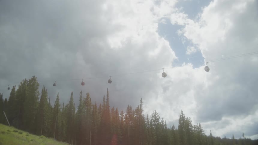 View upwards into a natural environment from moving cable cars