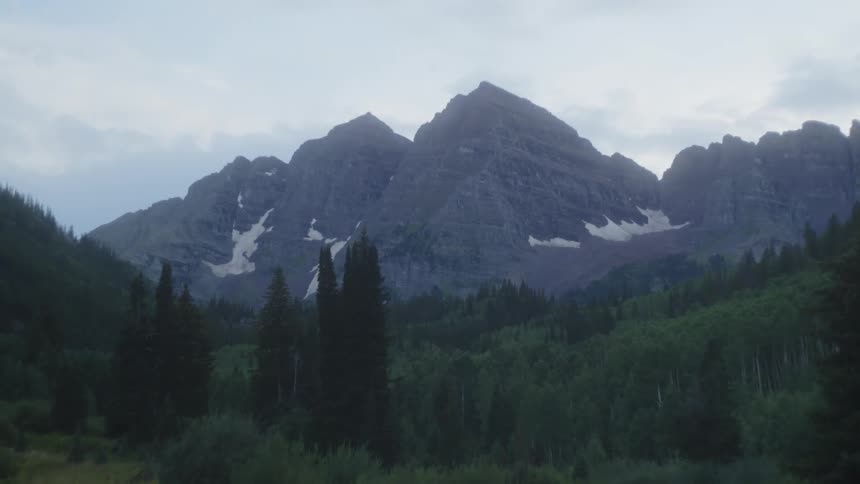 Landscape of conifers and large mountains in the background on a cloudy day