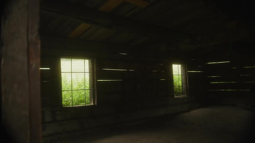 A view of a wooden cabin that is empty and has two glass windows with bars