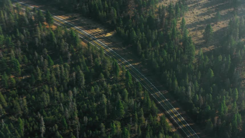 An aerial clip of a freeway in between the woods
