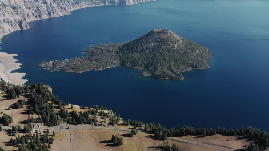 Aerial of wizard island in crater lake national park oregon