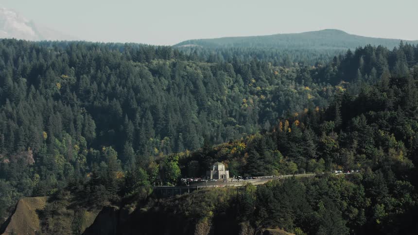 Dense forested hillside with a road cutting through it featuring a small structure and several vehicles visible on the road