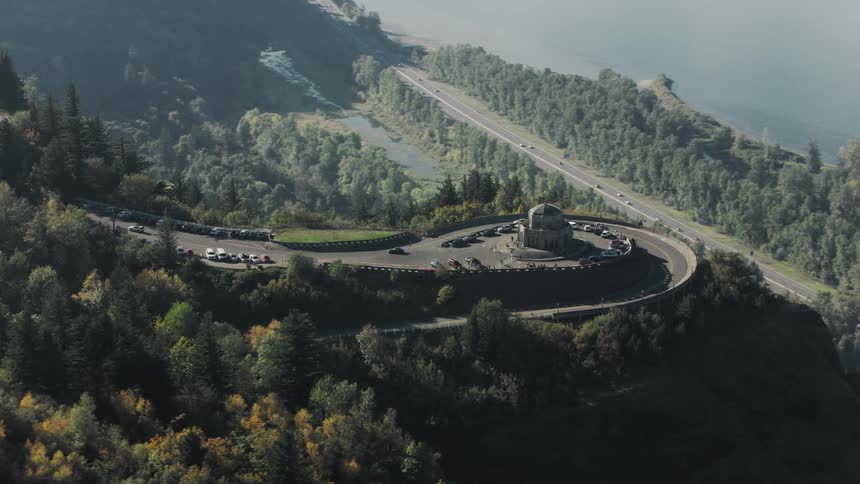 Aerial of crown vista house in the columbia river gorge in oregon