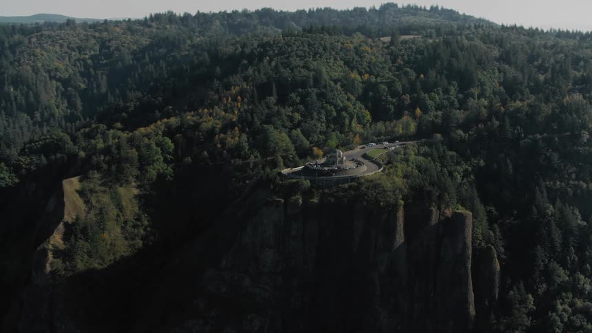Aerial of crown vista house in the columbia river gorge in oregon