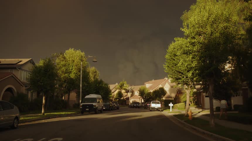 Street in a residential neighborhood surrounded by houses on a cloudy day