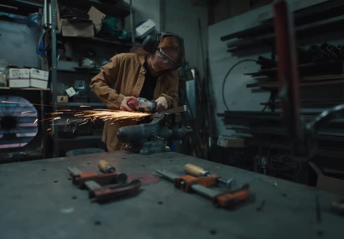 Woman creates sparks while using a handheld powered grinder in a workshop