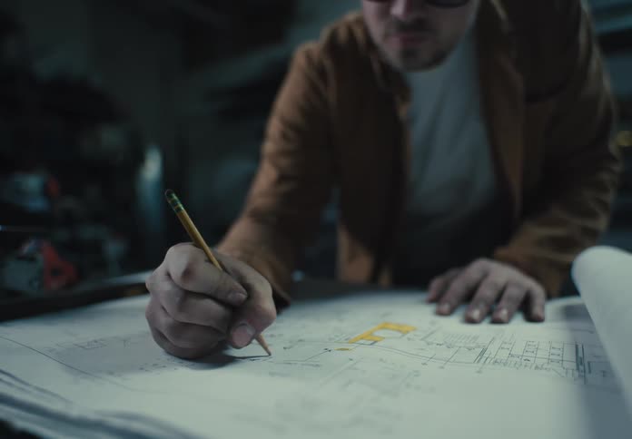 An architect is writing notes on the blueprints