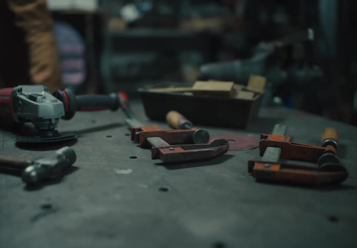 Carpenter placing a box and tools on top of a table