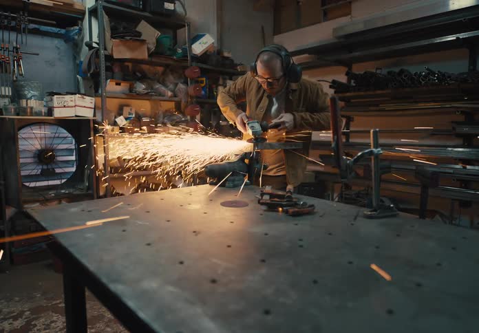 Man with a tool welding a metal with sparks coming out